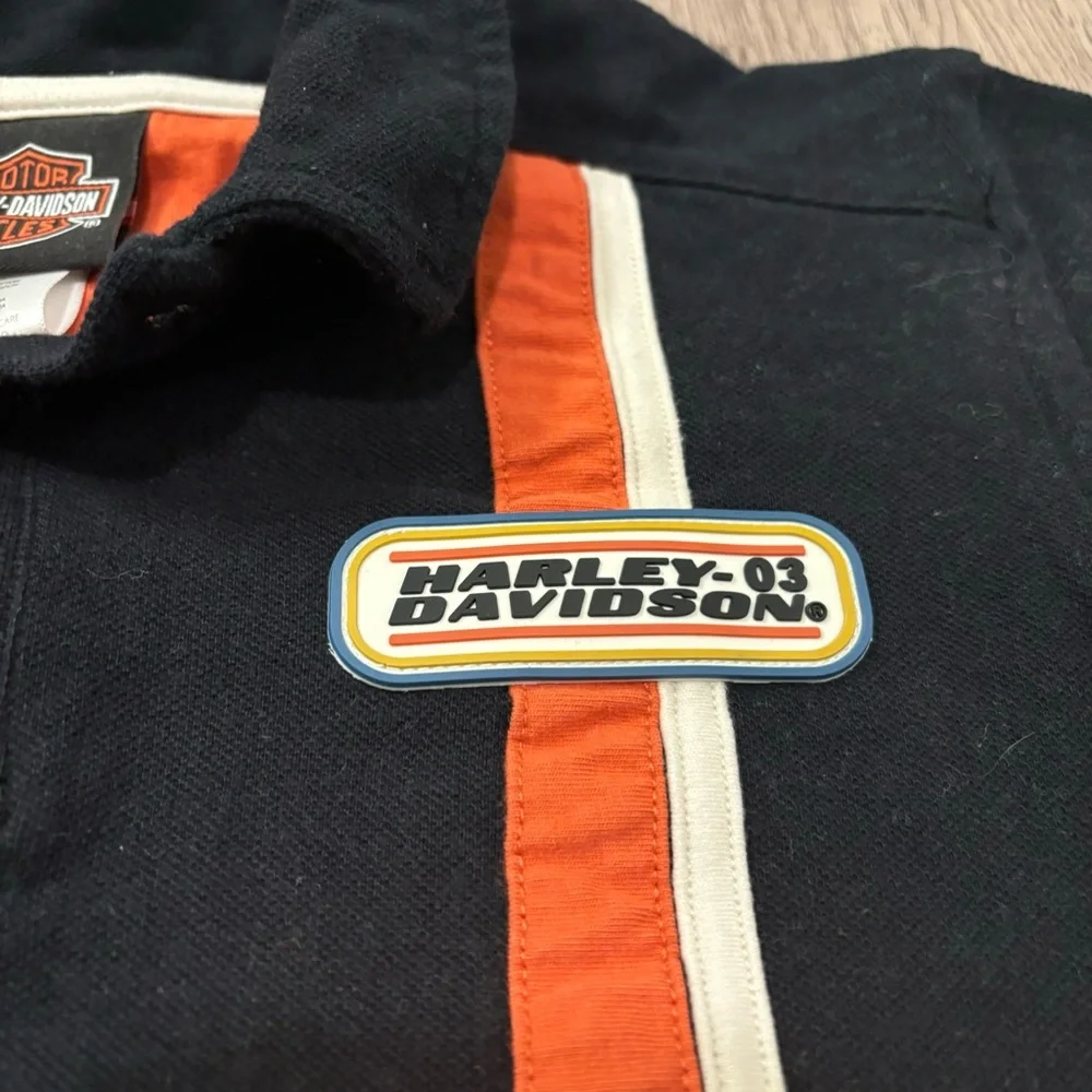 Vtg Harley Davidson Polo Shirt Retro Black/Orange‎ Stripe Logo Boys XL (12-14)